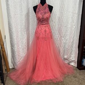two piece set prom coral pink bridesmaids dress